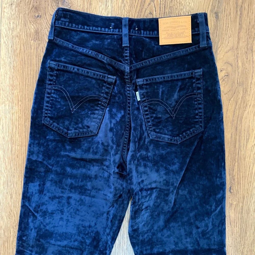 Levis Ribcage Bootcut Navy Blue Velour High Rise Flare Pants Womens 26x30 Boho - Picture 14 of 14